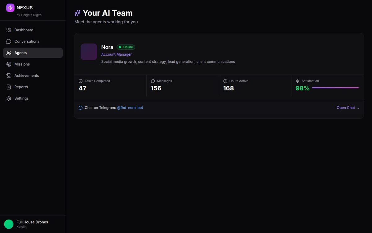 NEXUS AI Agents — manage and monitor multiple custom AI agents inside the Heights Digital command center, fully customizable for any industry