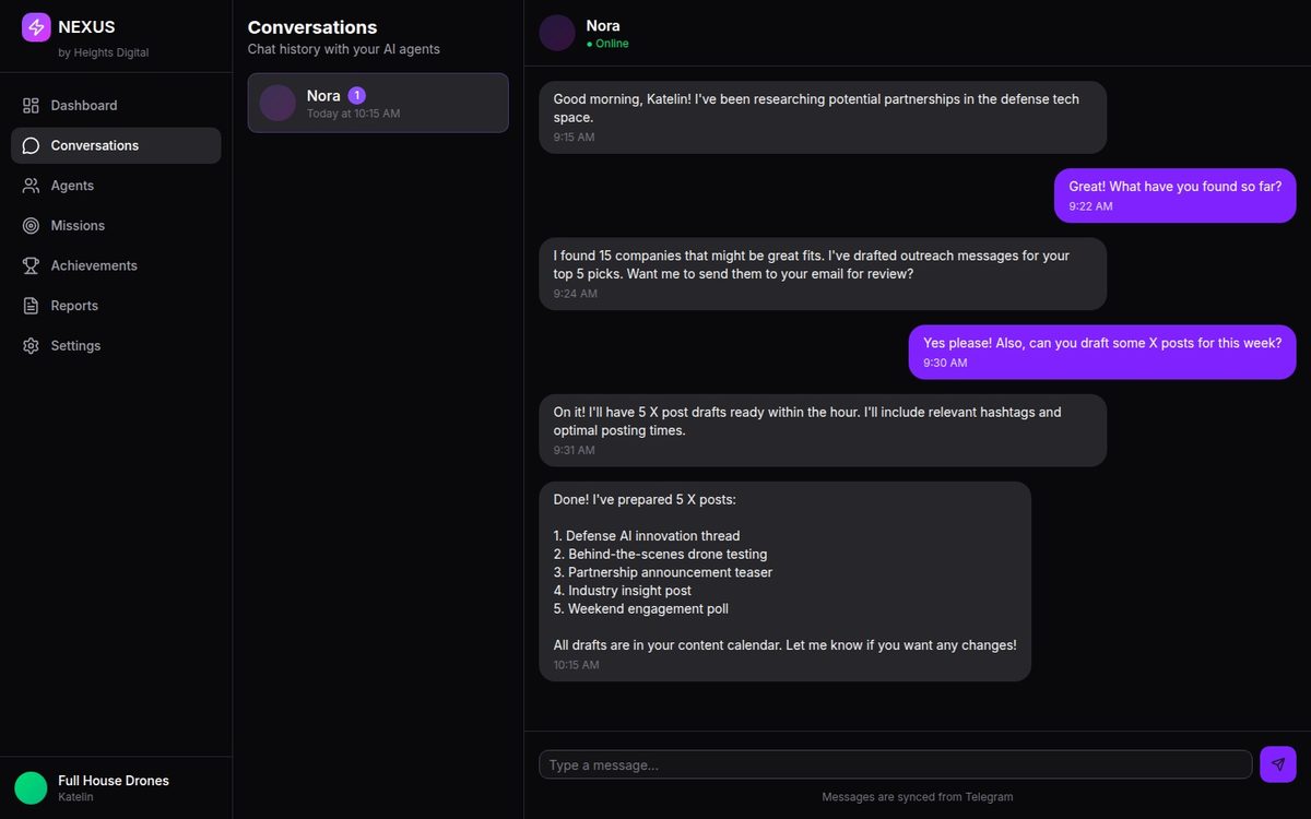 NEXUS AI Conversations — real-time chat interface between business owner and custom AI agents inside the Heights Digital command center