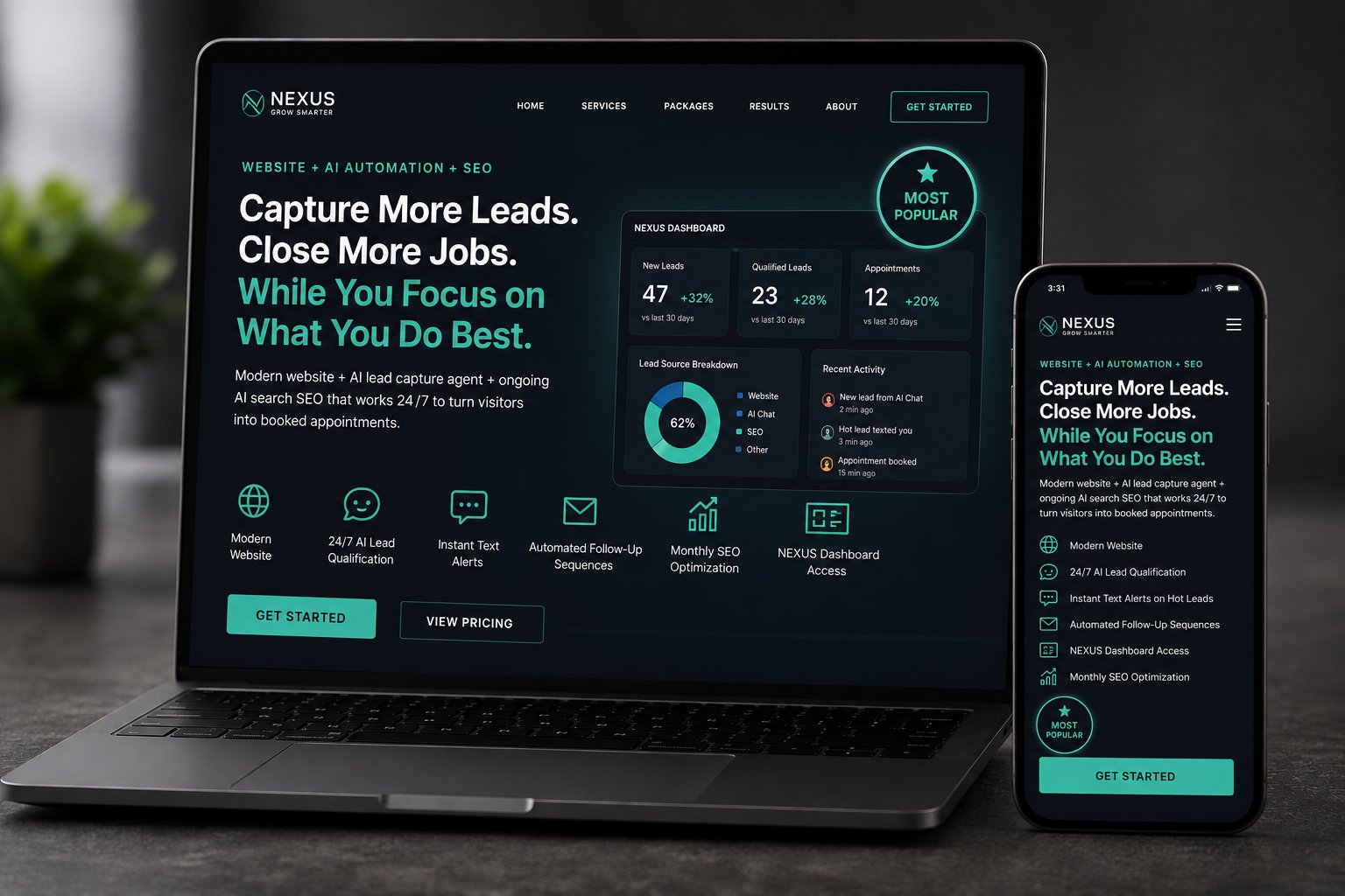 Heights Digital Website plus AI Automation plus SEO package — modern website plus 24/7 AI lead capture agent plus ongoing SEO, from $2,500